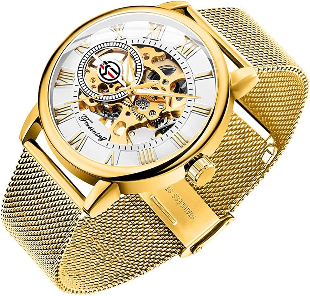 Men'S Skeleton Watch Classic Roman Numeral Steampunk Mechanical Watch Hand-Wind Mens Watches (Blue) gold&white