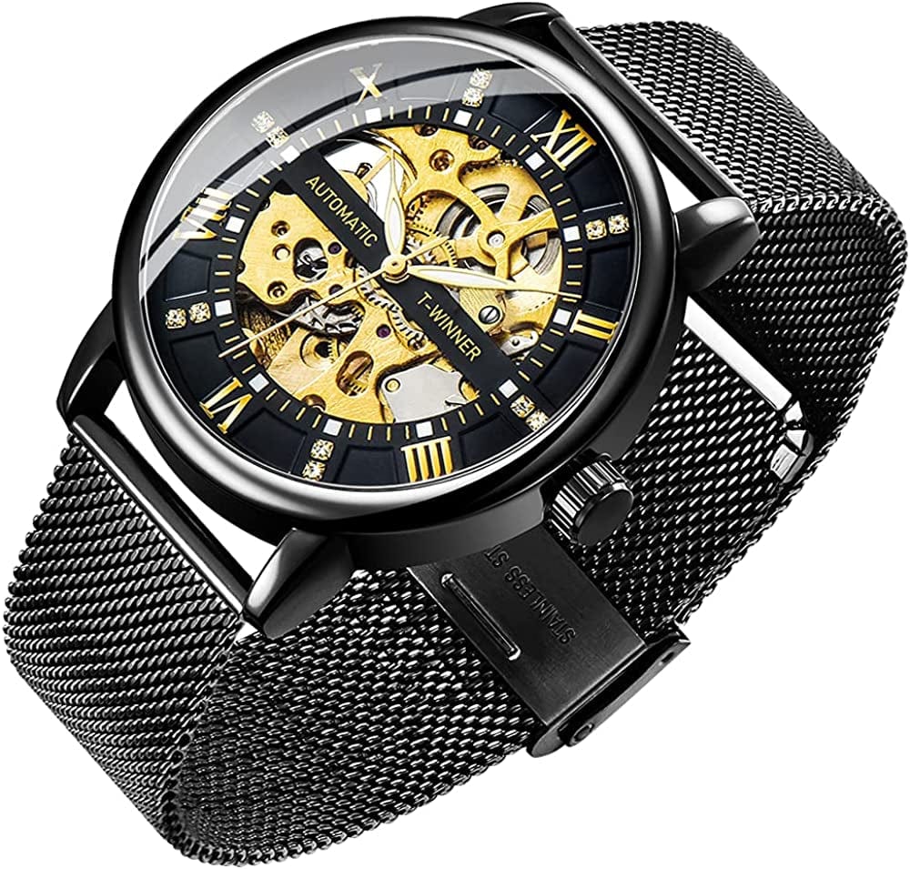 Men'S Skeleton Watch Classic Roman Numeral Steampunk Mechanical Watch Hand-Wind Mens Watches (Blue) black gold