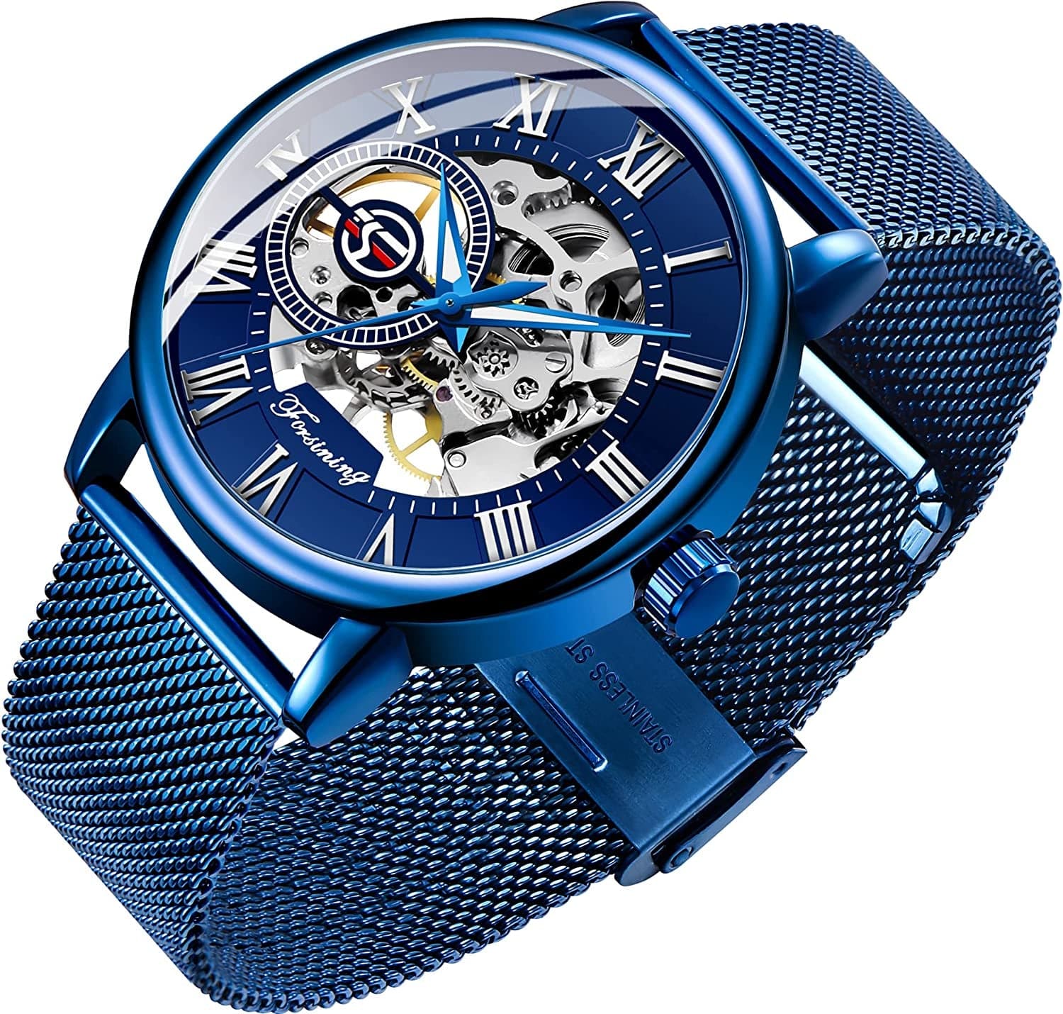 Men'S Skeleton Watch Classic Roman Numeral Steampunk Mechanical Watch Hand-Wind Mens Watches (Blue) blue