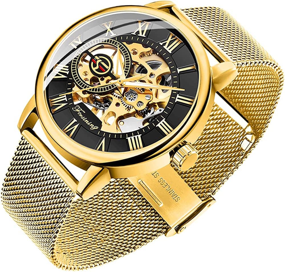 Men'S Skeleton Watch Classic Roman Numeral Steampunk Mechanical Watch Hand-Wind Mens Watches (Blue) gold&black