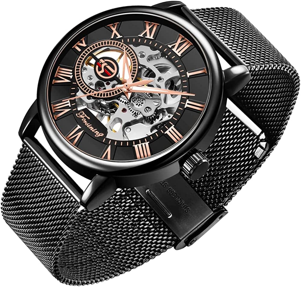 Men'S Skeleton Watch Classic Roman Numeral Steampunk Mechanical Watch Hand-Wind Mens Watches (Blue) black rose gold