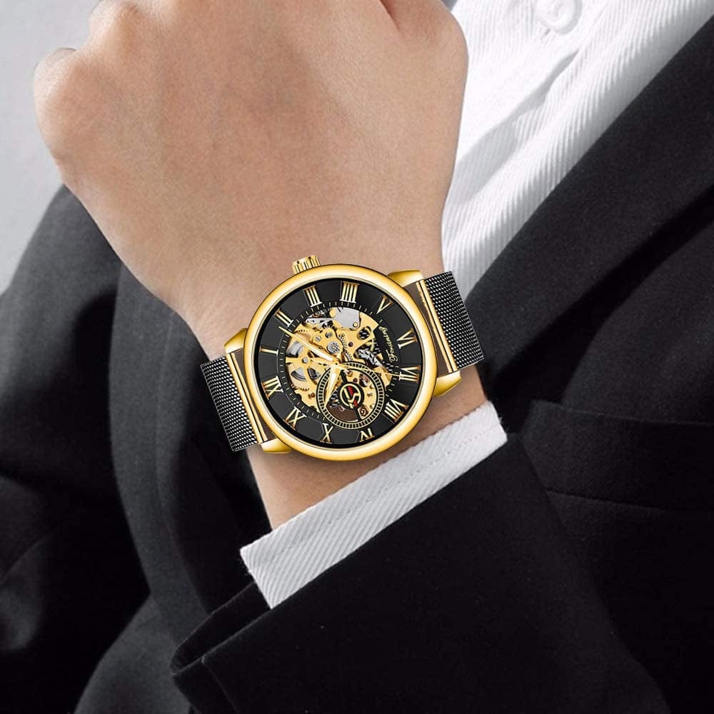 Men'S Skeleton Watch Classic Roman Numeral Steampunk Mechanical Watch Hand-Wind Mens Watches (Blue)