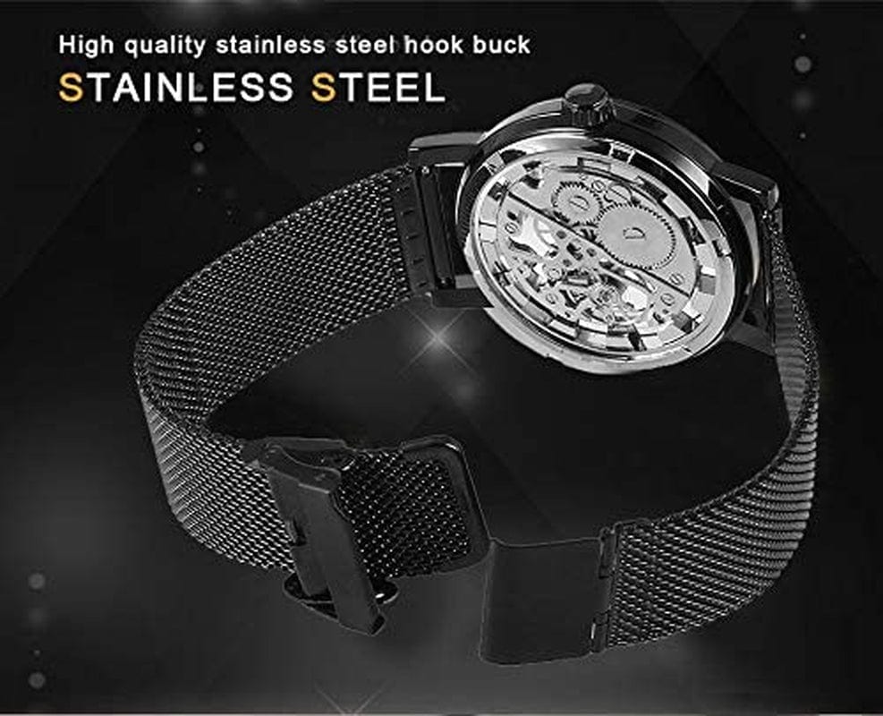 Men'S Skeleton Watch Classic Roman Numeral Steampunk Mechanical Watch Hand-Wind Mens Watches (Blue)