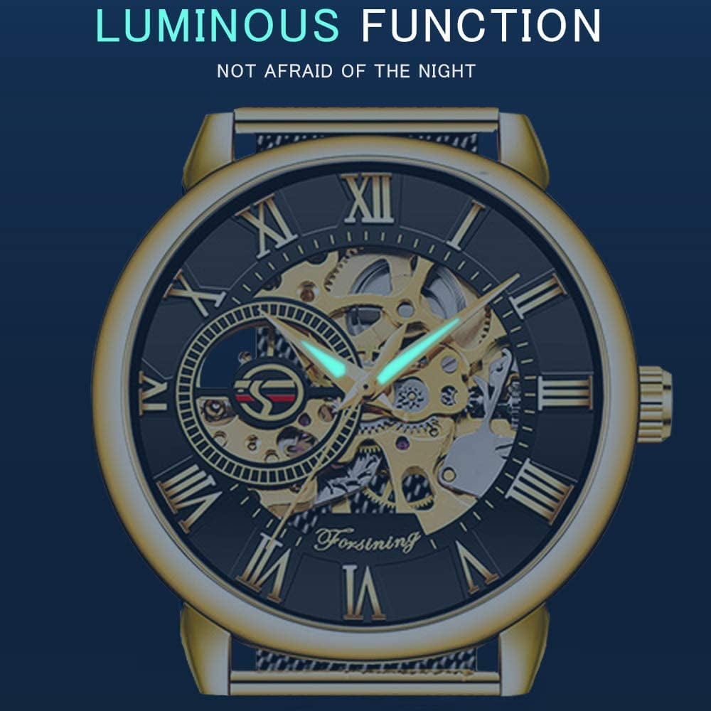 Men'S Skeleton Watch Classic Roman Numeral Steampunk Mechanical Watch Hand-Wind Mens Watches (Blue)