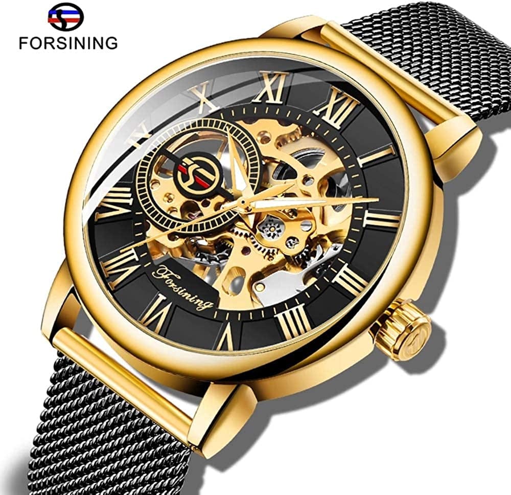 Men'S Skeleton Watch Classic Roman Numeral Steampunk Mechanical Watch Hand-Wind Mens Watches (Blue)