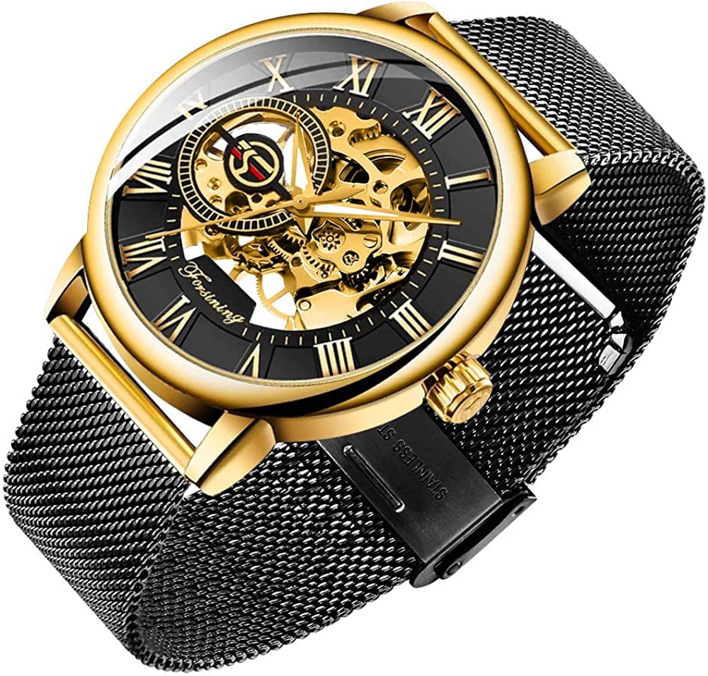 Men'S Skeleton Watch Classic Roman Numeral Steampunk Mechanical Watch Hand-Wind Mens Watches (Blue) balck&gold