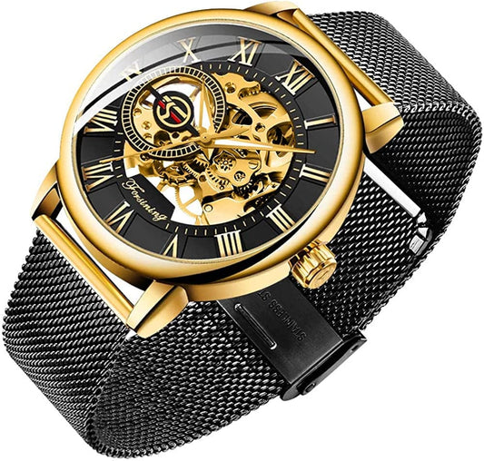 Men'S Skeleton Watch Classic Roman Numeral Steampunk Mechanical Watch Hand-Wind Mens Watches (Blue) balck&gold