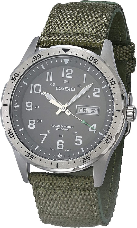 Men'S Solar Powered Stainless Steel Quartz Cloth Strap Green