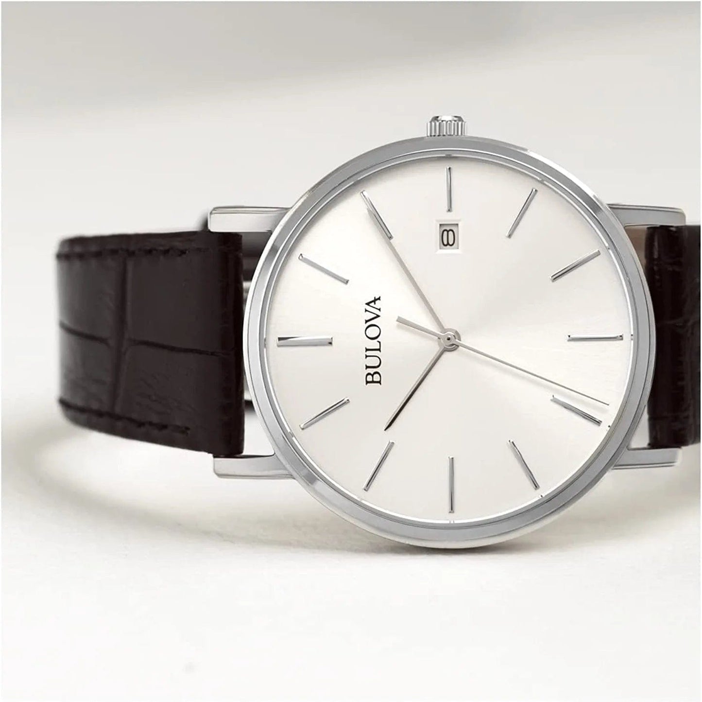 Men'S Stainless Steel 3-Hand Calendar Date Quartz Watch with Black Leather Strap Style: 96B104