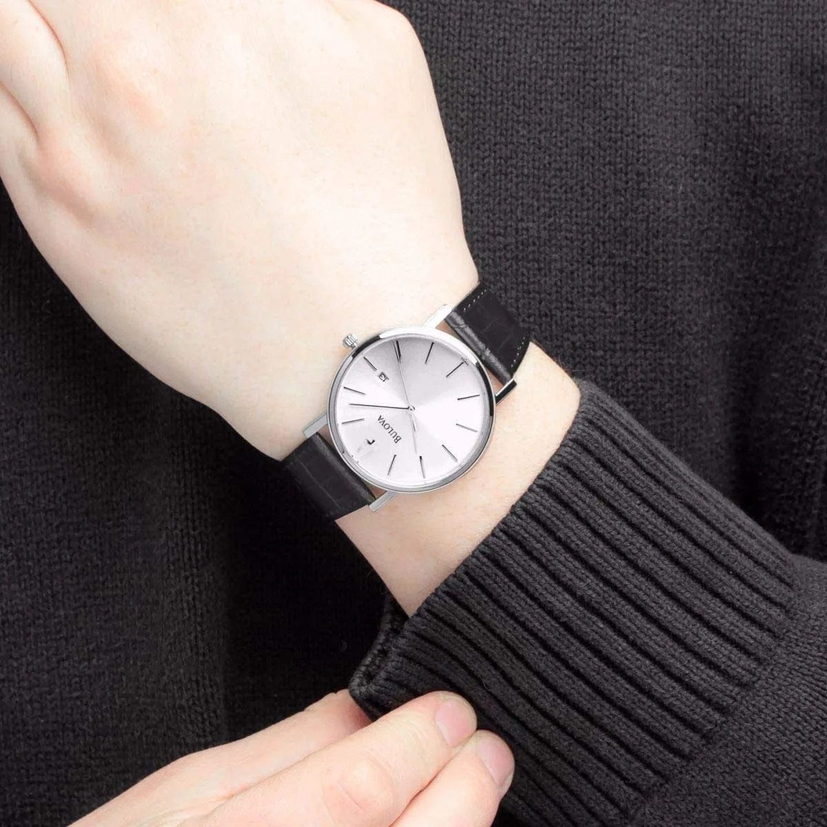 Men'S Stainless Steel 3-Hand Calendar Date Quartz Watch with Black Leather Strap Style: 96B104