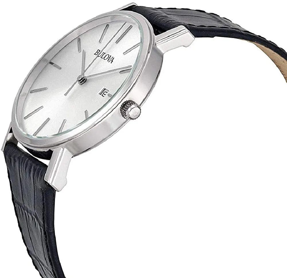 Men'S Stainless Steel 3-Hand Calendar Date Quartz Watch with Black Leather Strap Style: 96B104