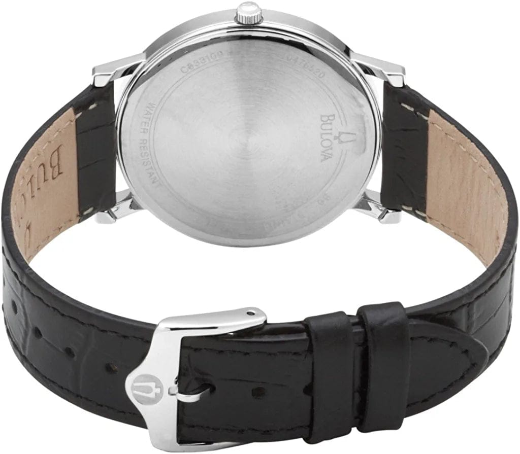 Men'S Stainless Steel 3-Hand Calendar Date Quartz Watch with Black Leather Strap Style: 96B104