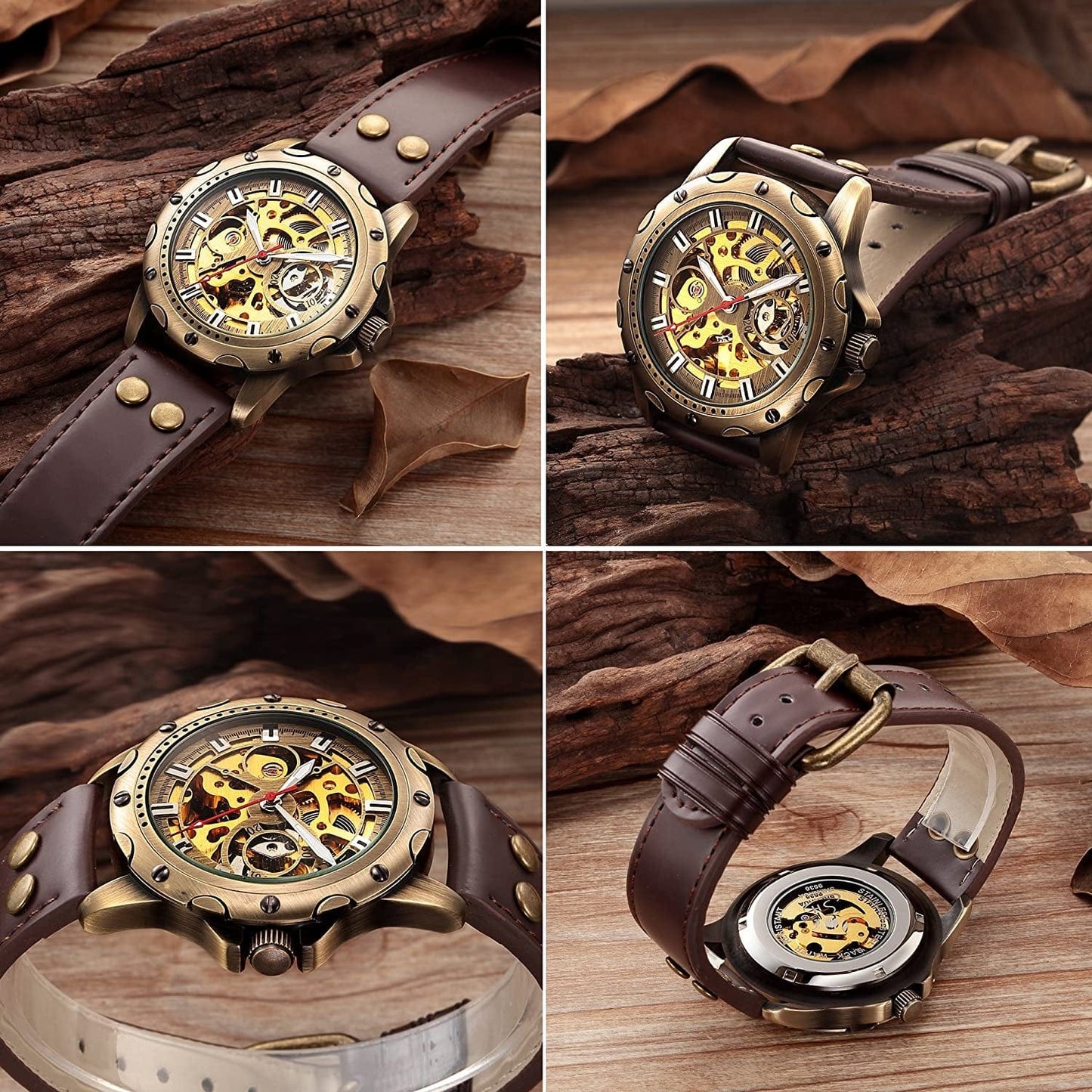 Men'S Vintage Bronze Steampunk Leather Automatic Watch CH19A CH19A