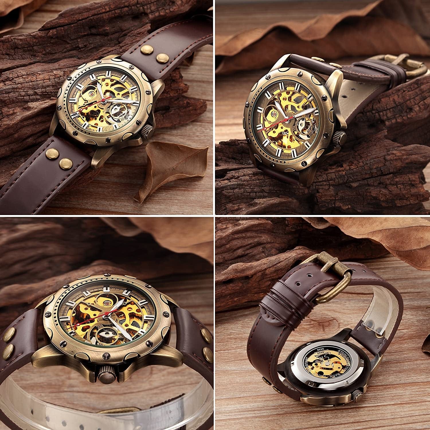 Men'S Vintage Bronze Steampunk Leather Automatic Watch CH19A CH19A