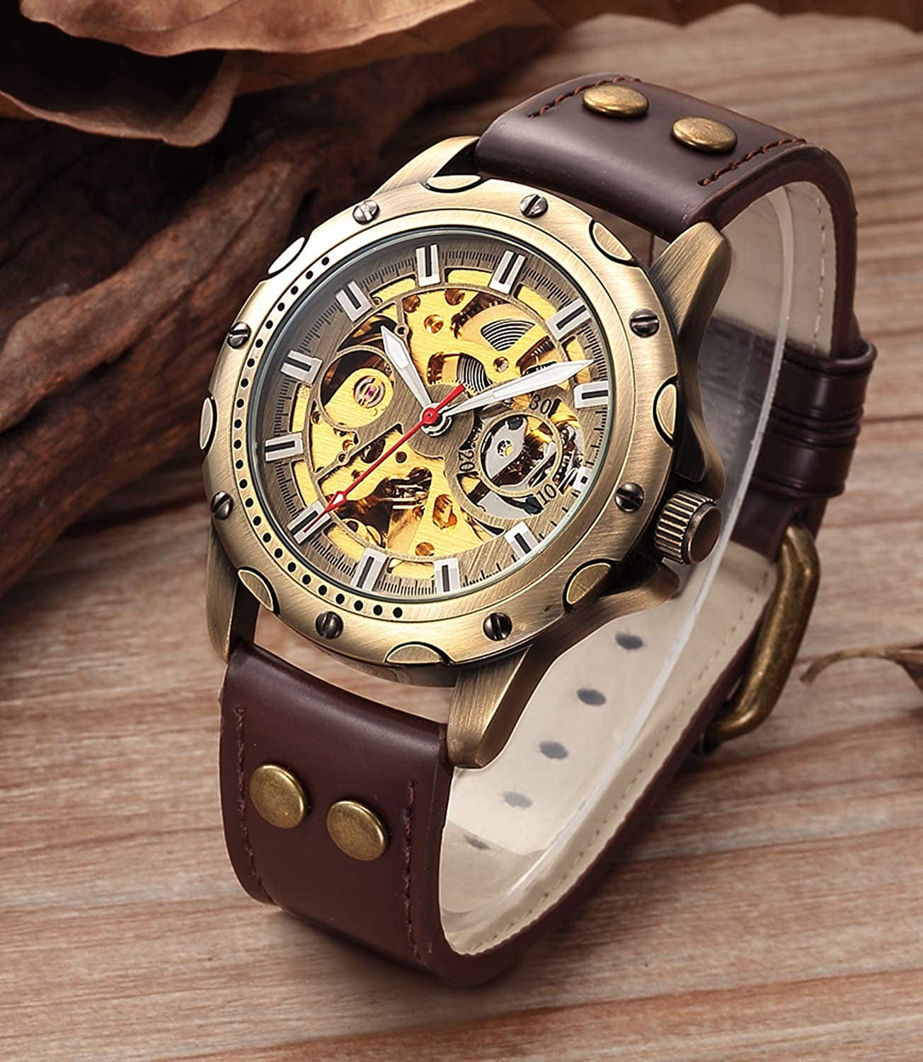 Men'S Vintage Bronze Steampunk Leather Automatic Watch CH19A CH19A