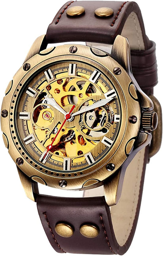 Men'S Vintage Bronze Steampunk Leather Automatic Watch CH19A CH19A