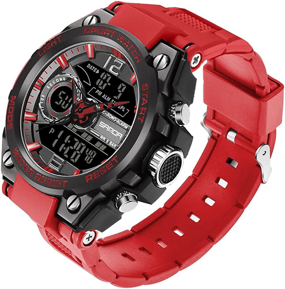 Men'S Watches Sports Outdoor Waterproof Military Watch Date Multi Function Tactics LED Alarm Stopwatch 6092_Red