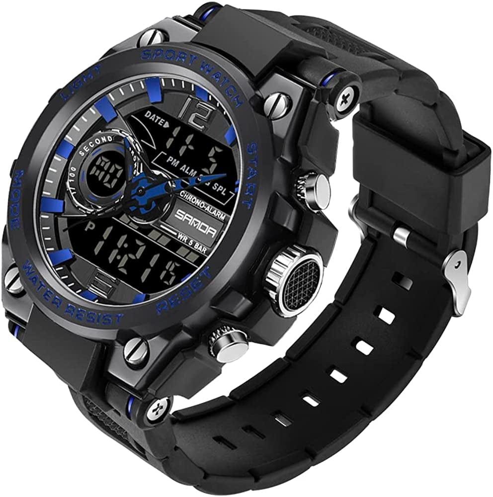 Men'S Watches Sports Outdoor Waterproof Military Watch Date Multi Function Tactics LED Alarm Stopwatch 6092_Blue 09