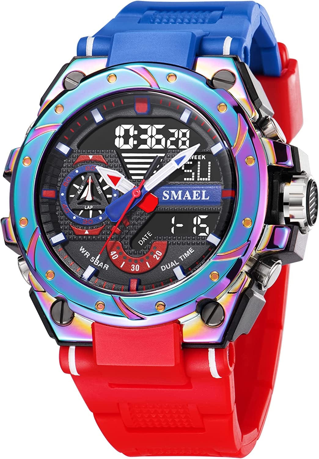 Men'S Watches Sports Outdoor Waterproof Military Watch Date Multi Function Tactics LED Alarm Stopwatch 01_8060_Red&Blue 01