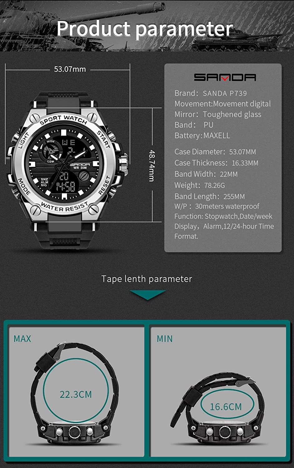 Men'S Watches Sports Outdoor Waterproof Military Watch Date Multi Function Tactics LED Alarm Stopwatch