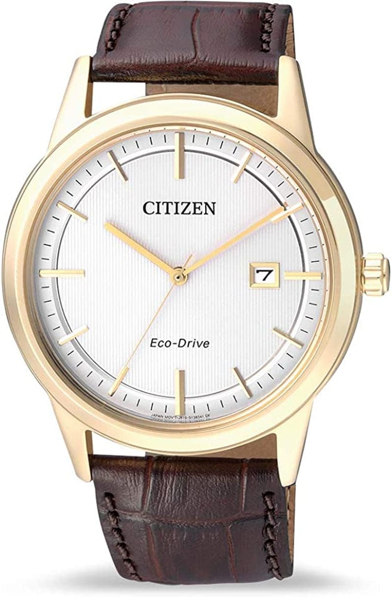 Mens Analogue Eco-Drive Watch White/Brown