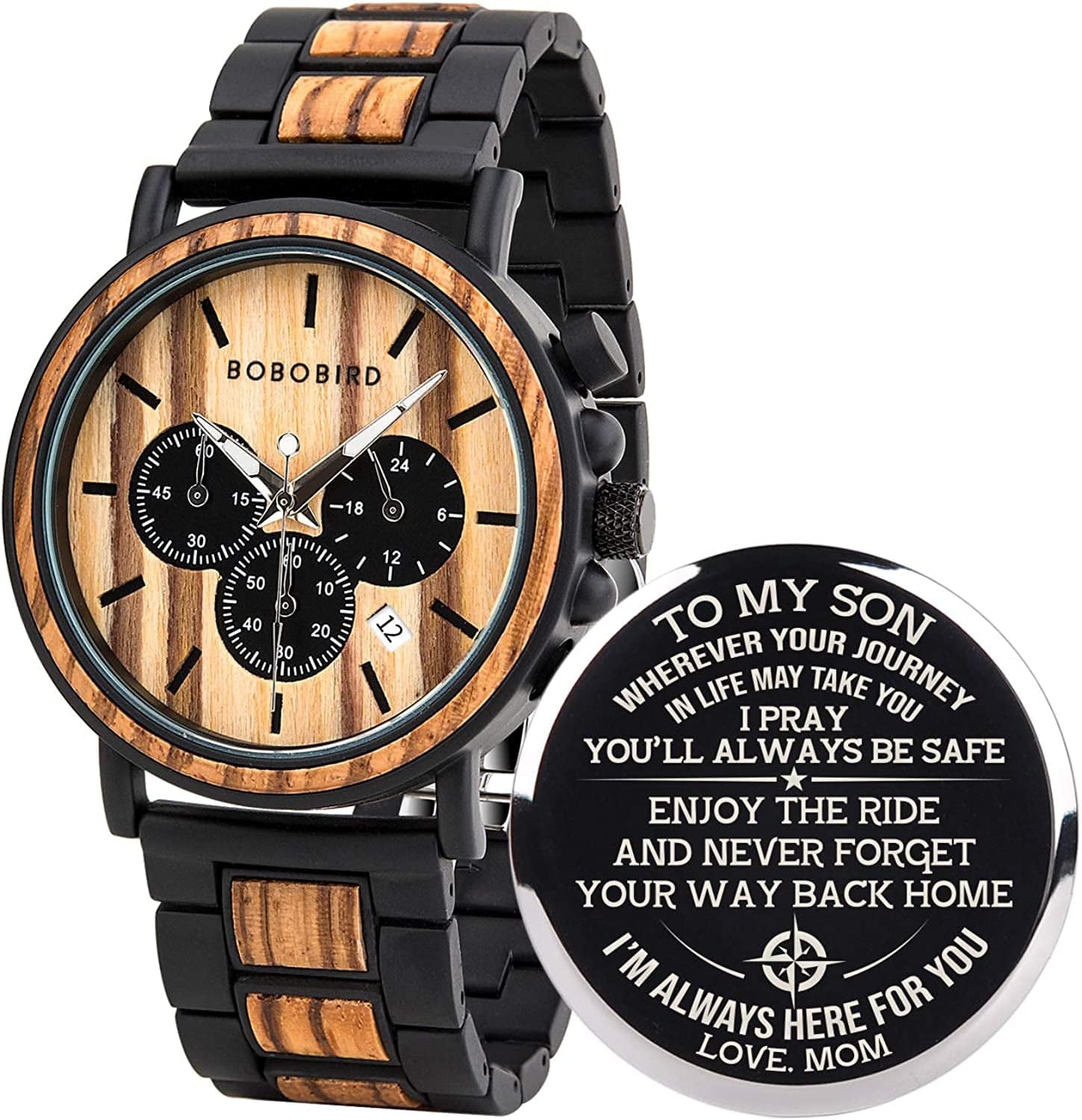 Mens Personalized Engraved Wooden Watches, Stylish Wood & Stainless Steel Combined Quartz Casual Wristwatches for Men Family Friends Customized Watch B-For Son From Mom