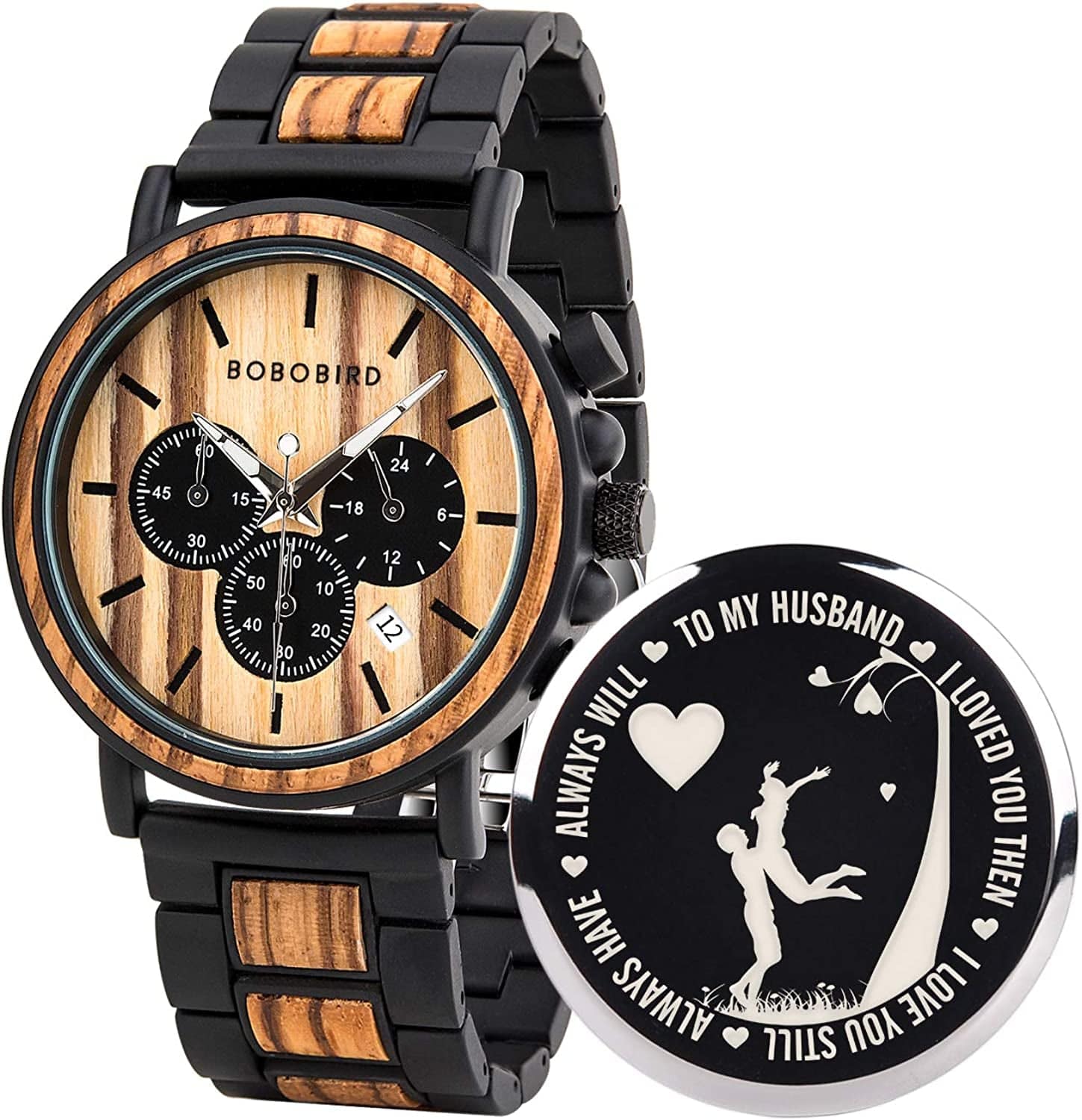 Mens Personalized Engraved Wooden Watches, Stylish Wood & Stainless Steel Combined Quartz Casual Wristwatches for Men Family Friends Customized Watch C-For Husband