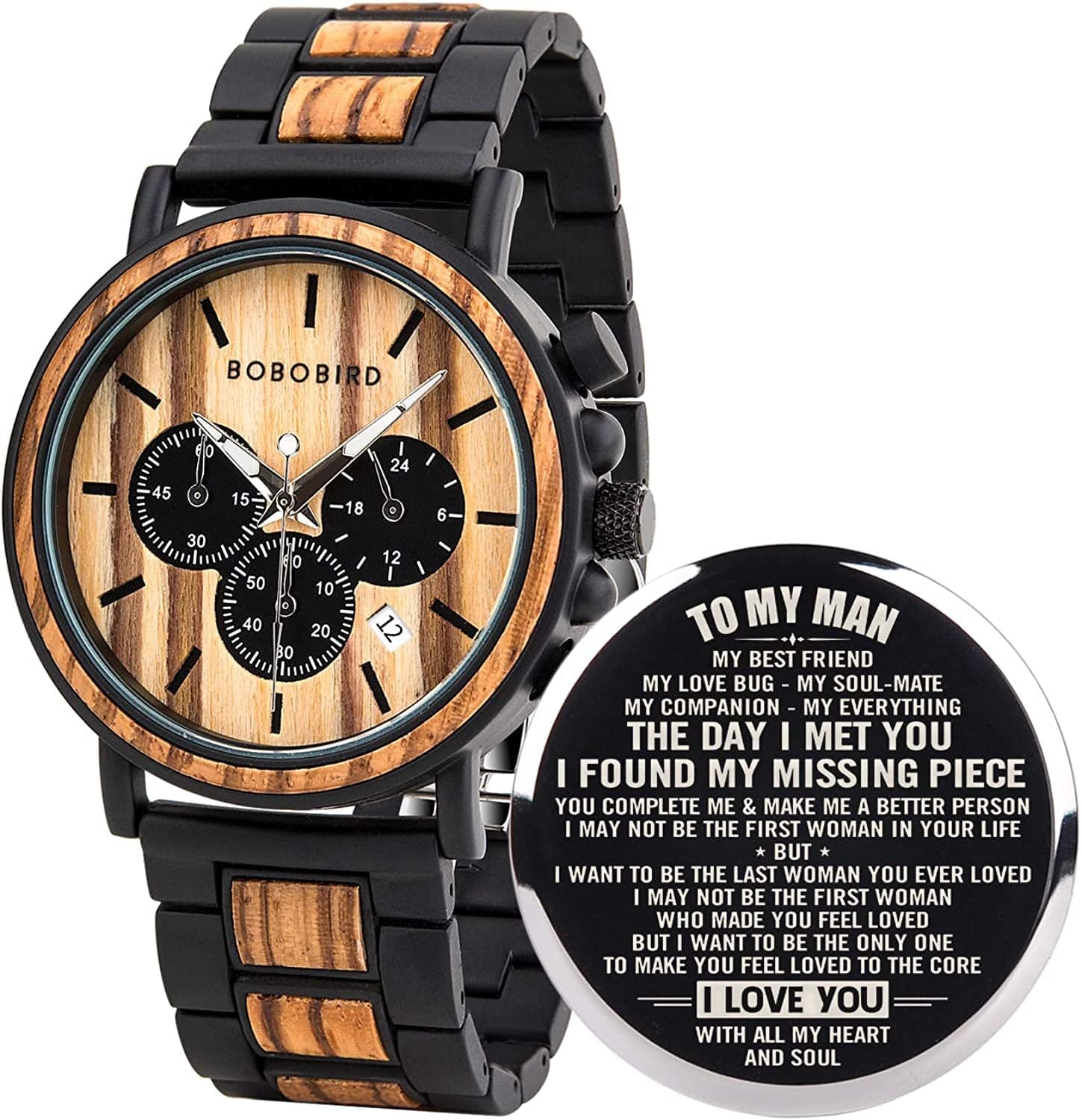 Mens Personalized Engraved Wooden Watches, Stylish Wood & Stainless Steel Combined Quartz Casual Wristwatches for Men Family Friends Customized Watch A-Lover For Man