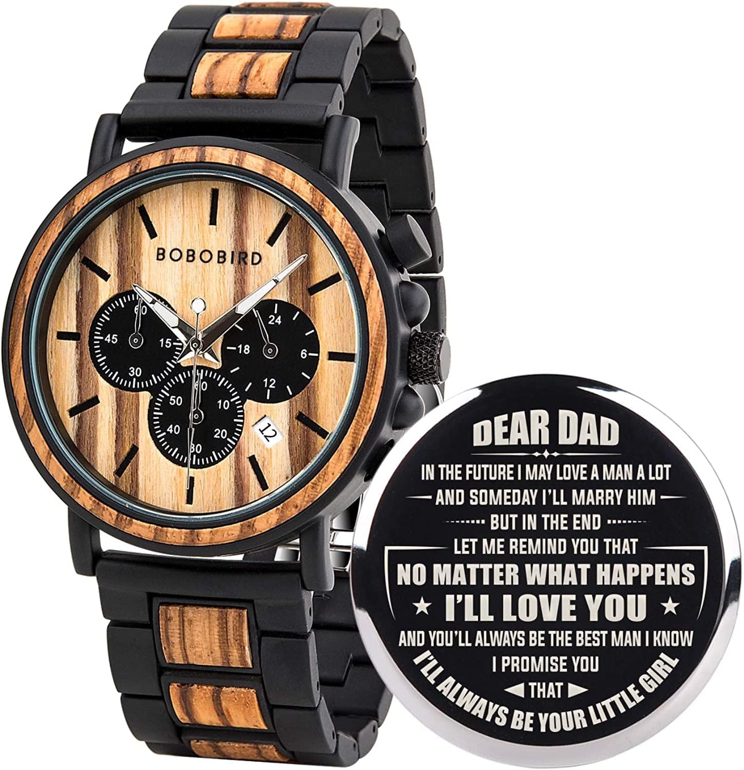 Mens Personalized Engraved Wooden Watches, Stylish Wood & Stainless Steel Combined Quartz Casual Wristwatches for Men Family Friends Customized Watch A-For Dad From Daughter