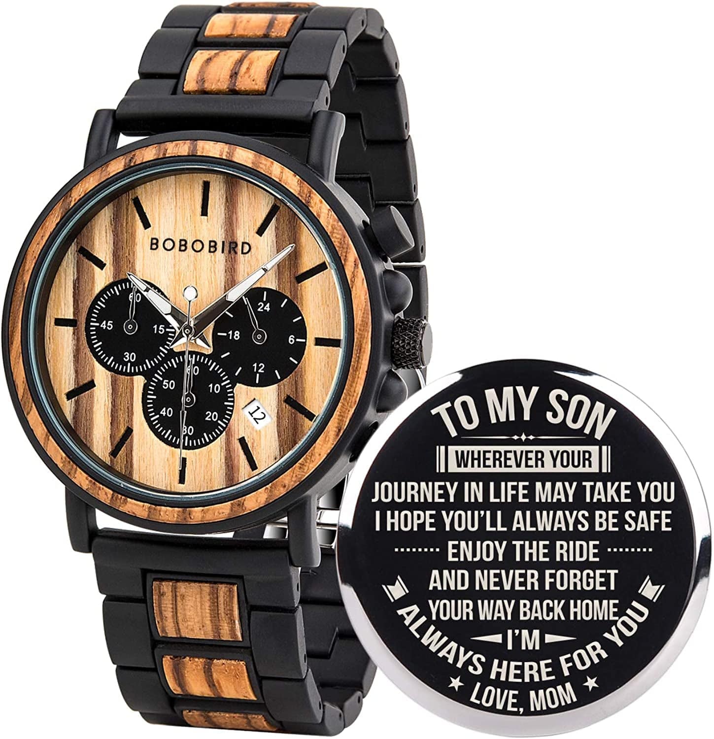 Mens Personalized Engraved Wooden Watches, Stylish Wood & Stainless Steel Combined Quartz Casual Wristwatches for Men Family Friends Customized Watch A-For Son From Mom