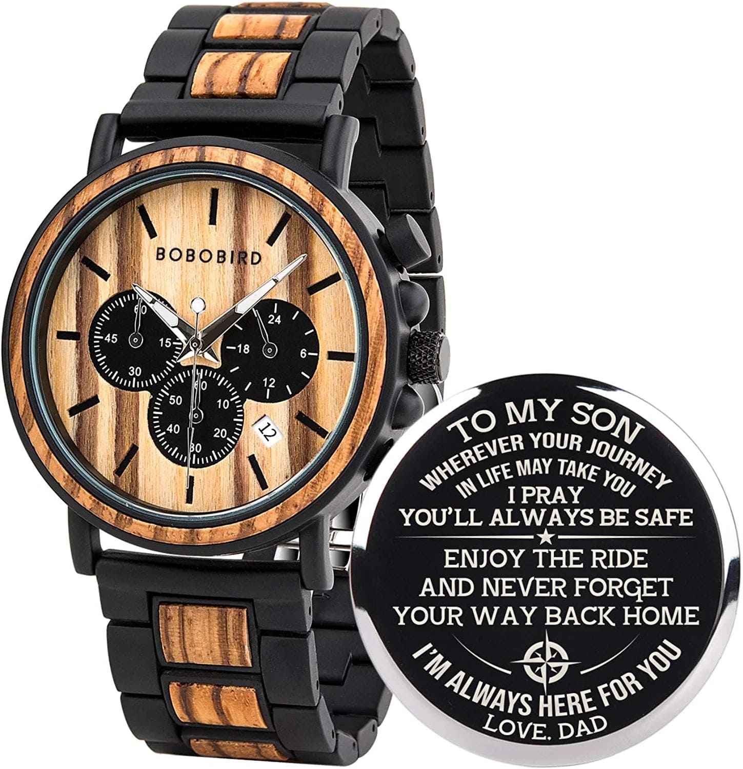 Mens Personalized Engraved Wooden Watches, Stylish Wood & Stainless Steel Combined Quartz Casual Wristwatches for Men Family Friends Customized Watch B-For Son From Dad