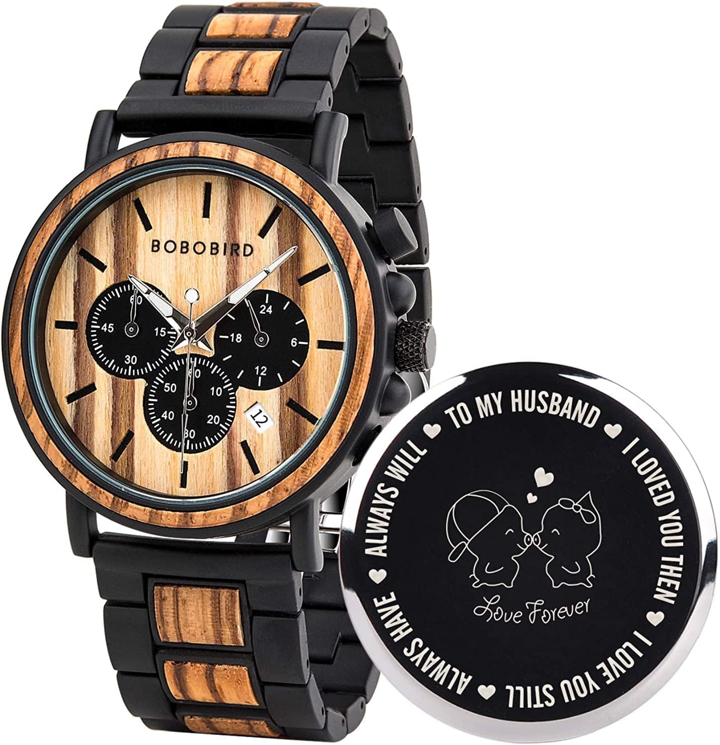 Mens Personalized Engraved Wooden Watches, Stylish Wood & Stainless Steel Combined Quartz Casual Wristwatches for Men Family Friends Customized Watch D-For Husband