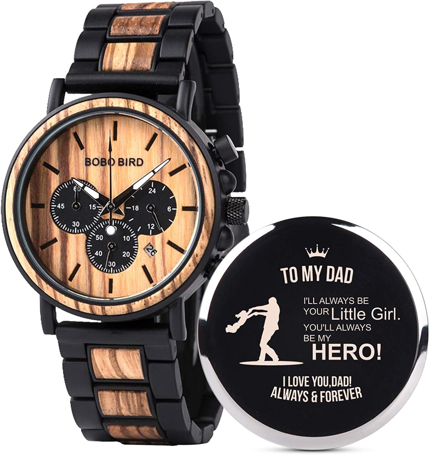 Mens Personalized Engraved Wooden Watches, Stylish Wood & Stainless Steel Combined Quartz Casual Wristwatches for Men Family Friends Customized Watch b-For Dad From Daughter