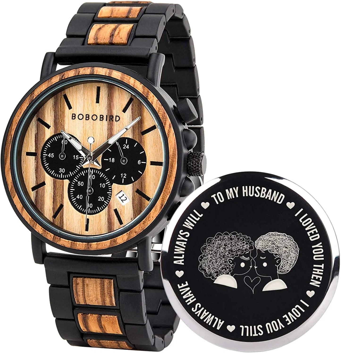 Mens Personalized Engraved Wooden Watches, Stylish Wood & Stainless Steel Combined Quartz Casual Wristwatches for Men Family Friends Customized Watch B-For Husband