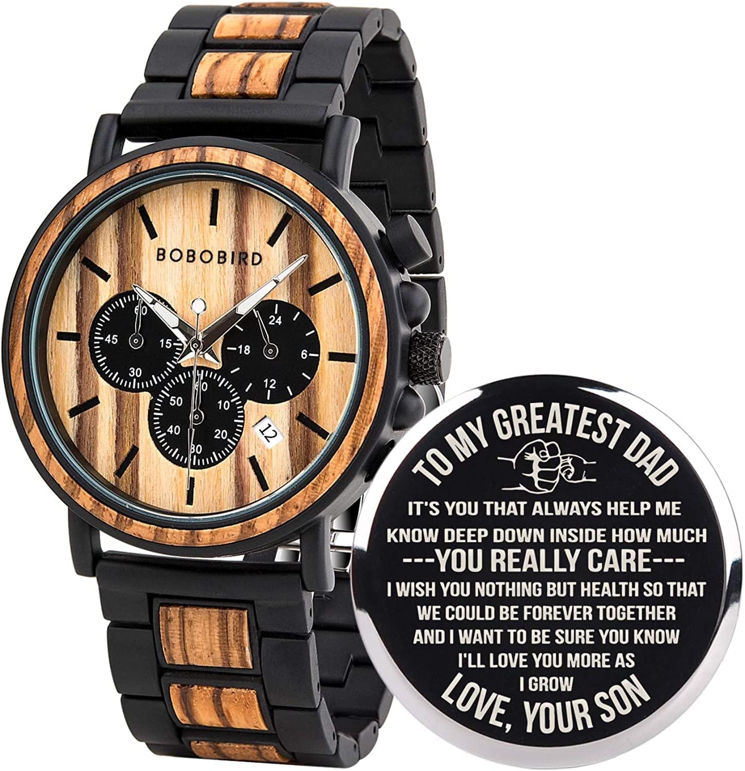 Mens Personalized Engraved Wooden Watches, Stylish Wood & Stainless Steel Combined Quartz Casual Wristwatches for Men Family Friends Customized Watch A-For Dad from Son