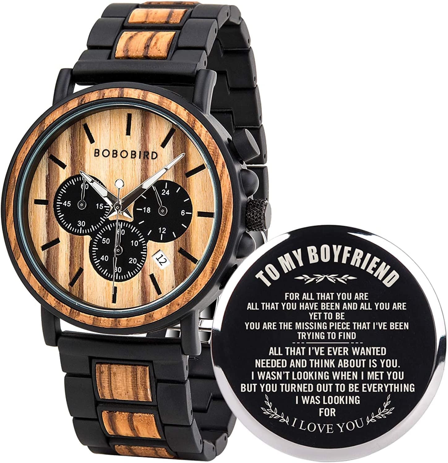 Mens Personalized Engraved Wooden Watches, Stylish Wood & Stainless Steel Combined Quartz Casual Wristwatches for Men Family Friends Customized Watch A-For Boyfriend