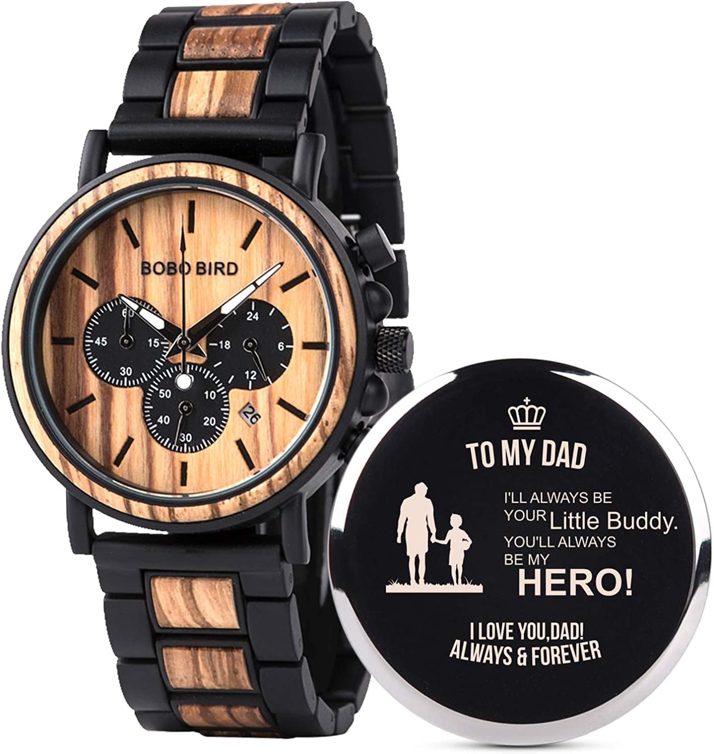 Mens Personalized Engraved Wooden Watches, Stylish Wood & Stainless Steel Combined Quartz Casual Wristwatches for Men Family Friends Customized Watch b-For Dad from Son