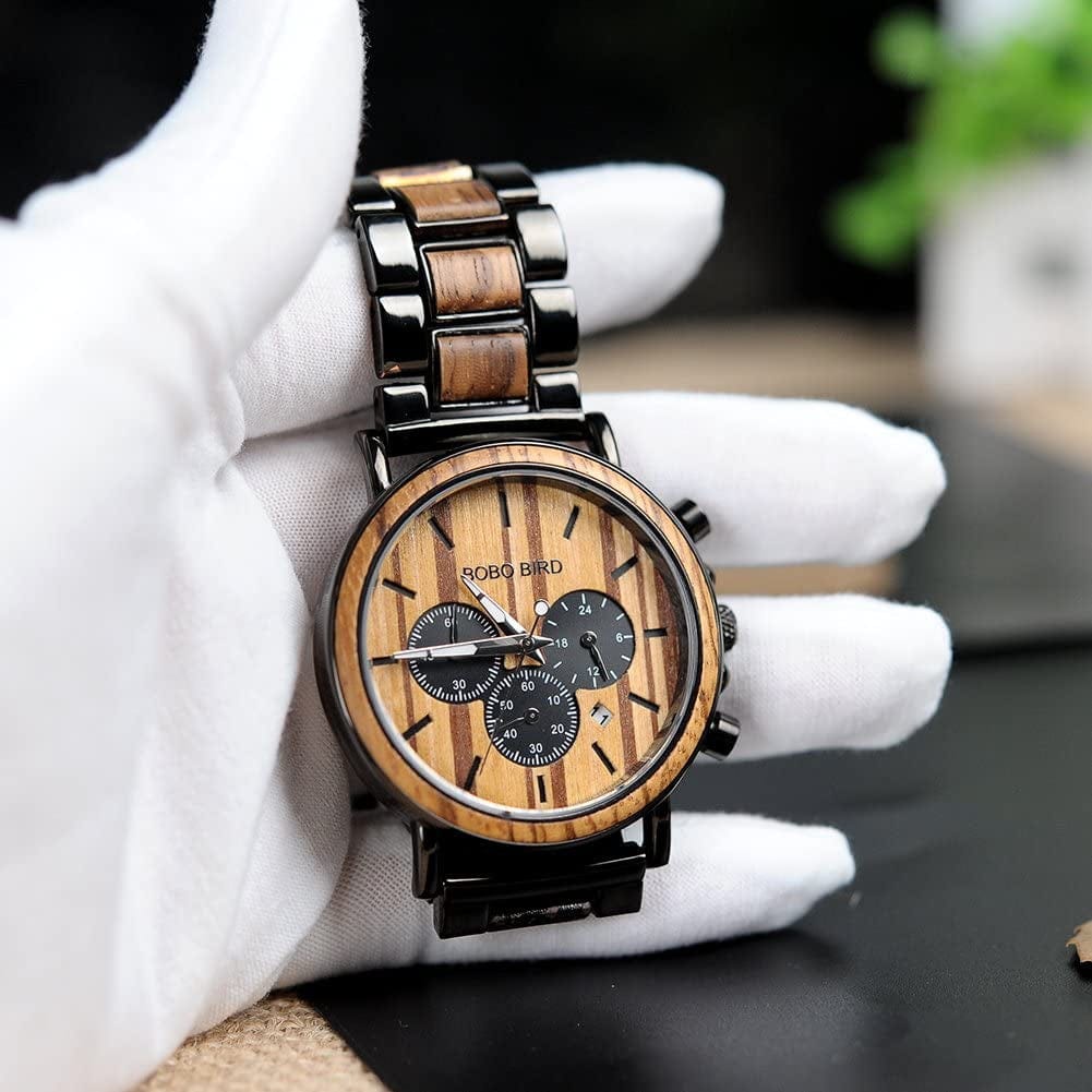 Mens Personalized Engraved Wooden Watches, Stylish Wood & Stainless Steel Combined Quartz Casual Wristwatches for Men Family Friends Customized Watch