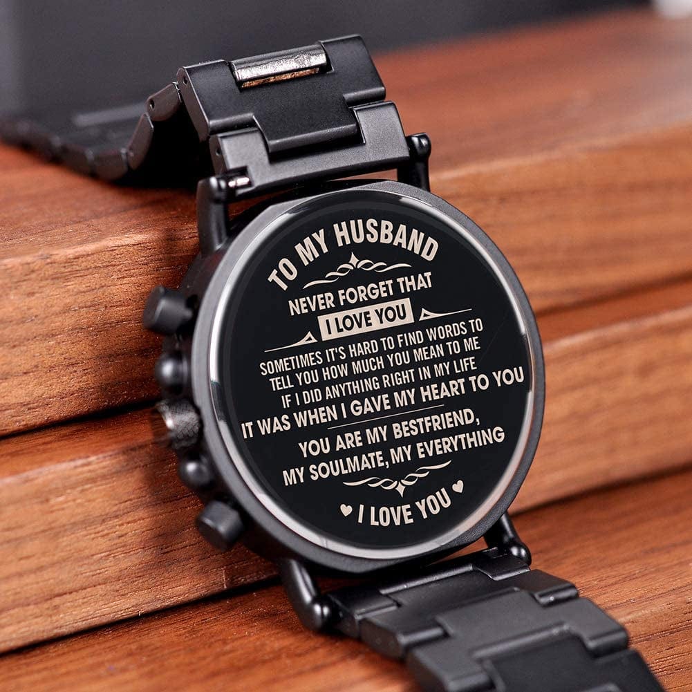 Mens Personalized Engraved Wooden Watches, Stylish Wood & Stainless Steel Combined Quartz Casual Wristwatches for Men Family Friends Customized Watch