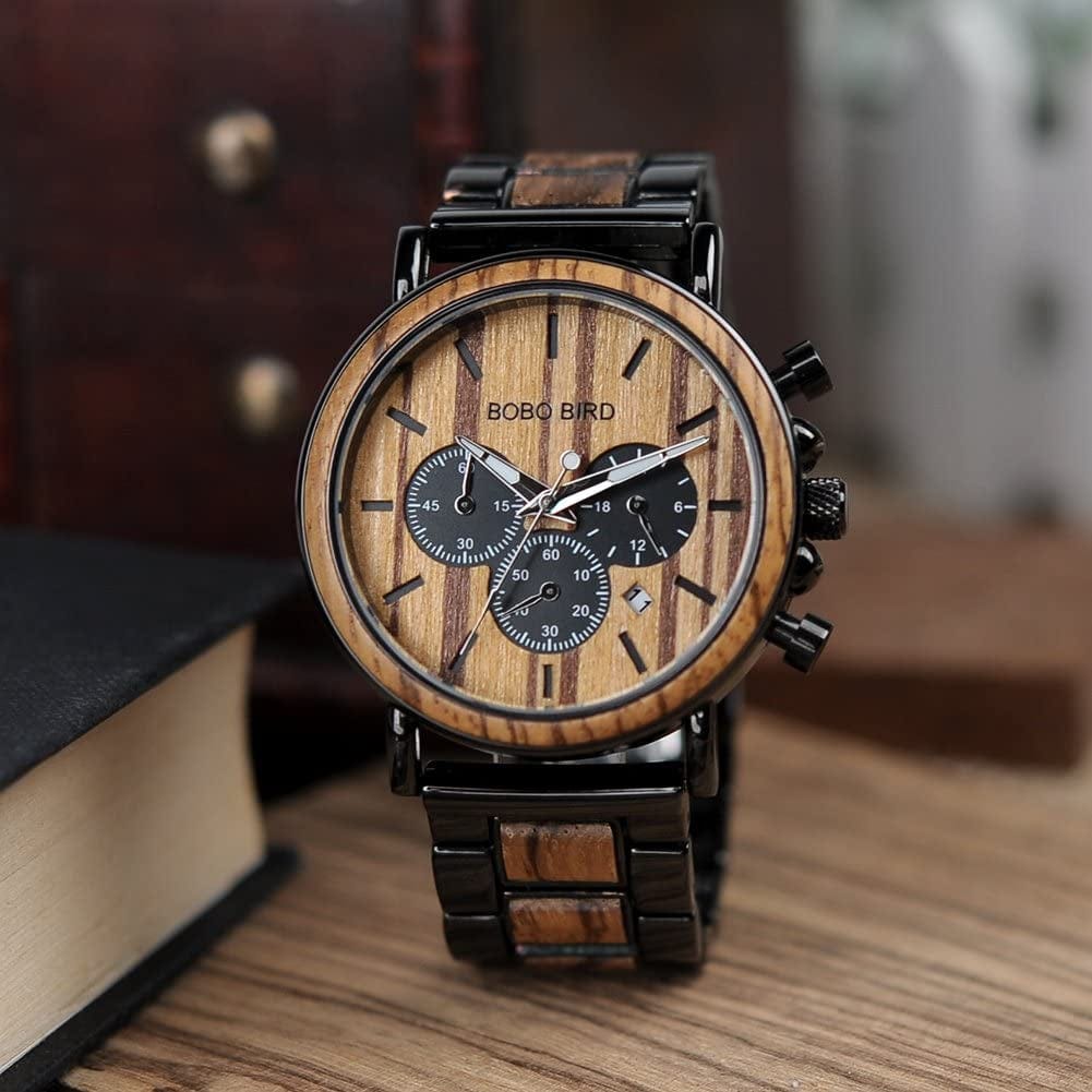 Mens Personalized Engraved Wooden Watches, Stylish Wood & Stainless Steel Combined Quartz Casual Wristwatches for Men Family Friends Customized Watch