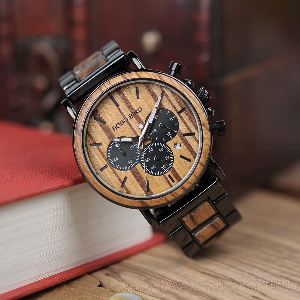 Mens Personalized Engraved Wooden Watches, Stylish Wood & Stainless Steel Combined Quartz Casual Wristwatches for Men Family Friends Customized Watch