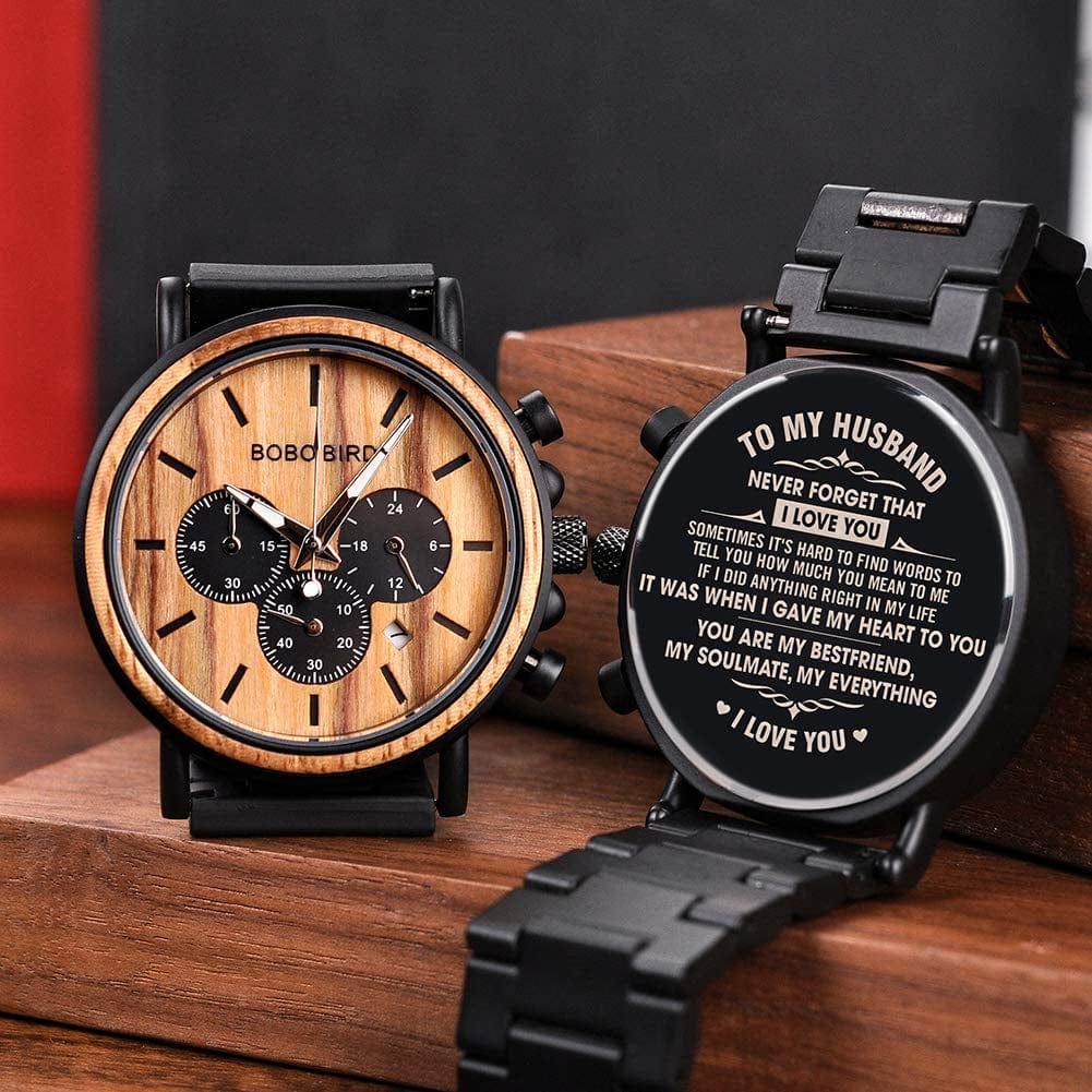 Mens Personalized Engraved Wooden Watches, Stylish Wood & Stainless Steel Combined Quartz Casual Wristwatches for Men Family Friends Customized Watch