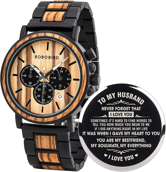 Mens Personalized Engraved Wooden Watches, Stylish Wood & Stainless Steel Combined Quartz Casual Wristwatches for Men Family Friends Customized Watch A-For Husband