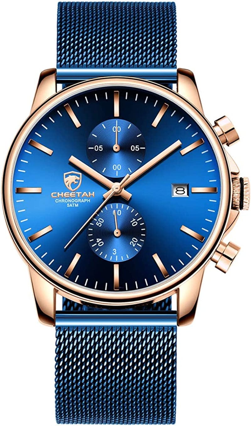 Mens Watch Fashion Sleek Minimalist Quartz Analog Mesh Stainless Steel Waterproof Chronograph Watches for Men with Auto Date rose blue