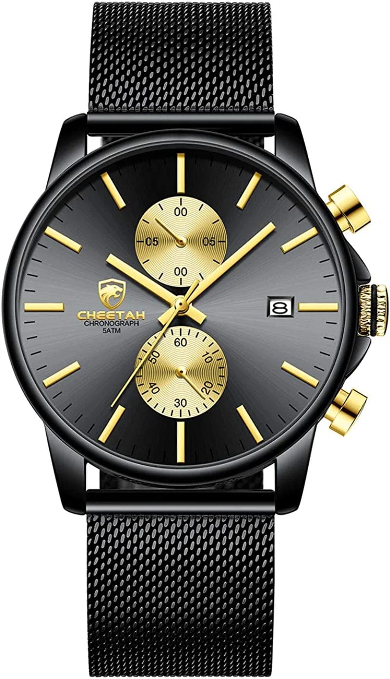 Mens Watch Fashion Sleek Minimalist Quartz Analog Mesh Stainless Steel Waterproof Chronograph Watches for Men with Auto Date two gold dial