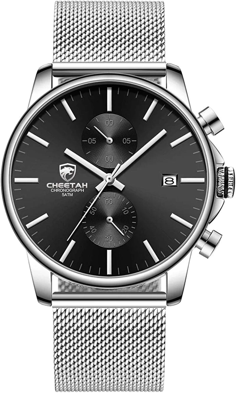 Mens Watch Fashion Sleek Minimalist Quartz Analog Mesh Stainless Steel Waterproof Chronograph Watches for Men with Auto Date silver black