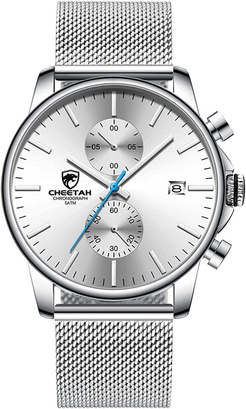 Mens Watch Fashion Sleek Minimalist Quartz Analog Mesh Stainless Steel Waterproof Chronograph Watches for Men with Auto Date silver