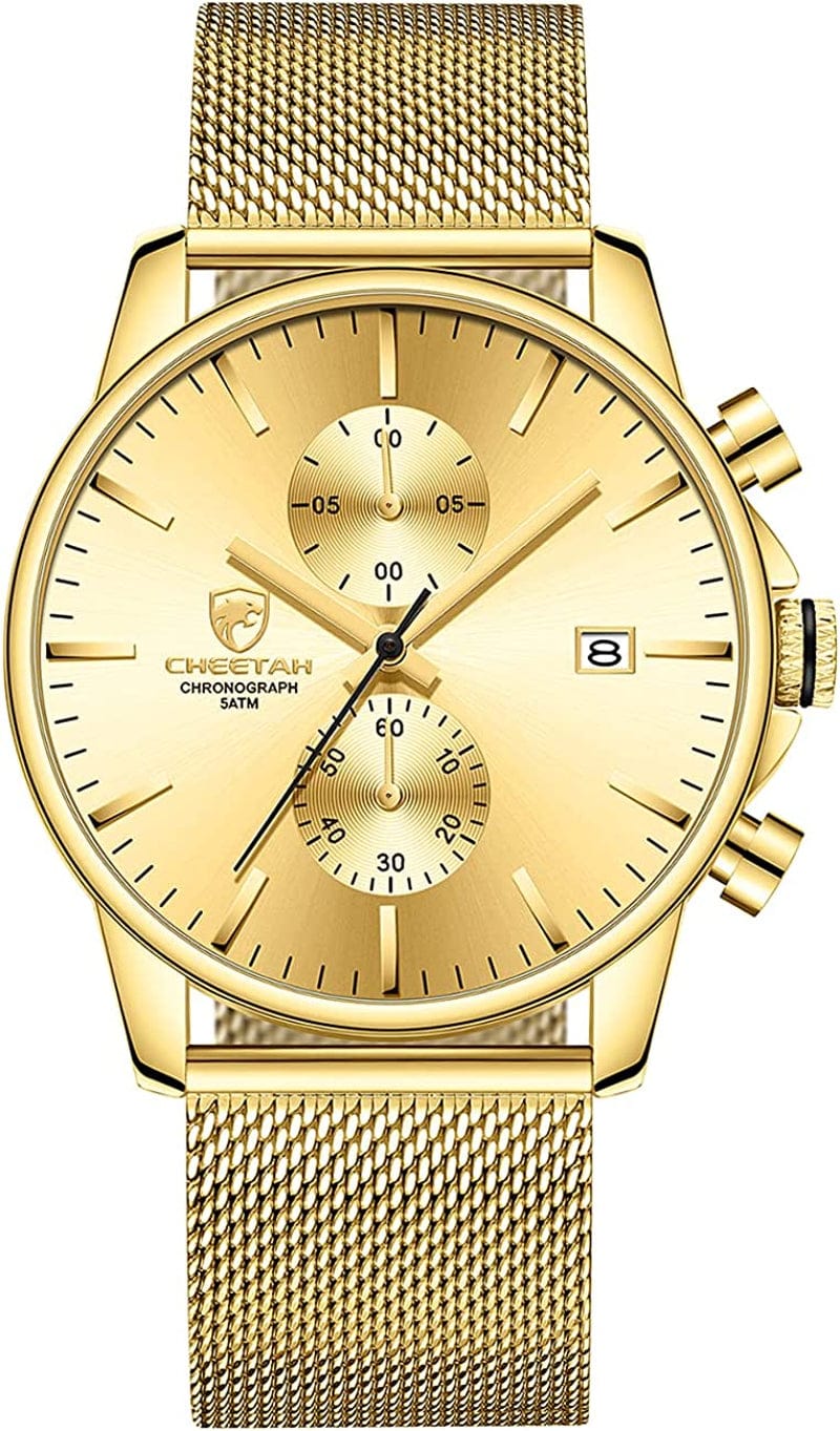 Mens Watch Fashion Sleek Minimalist Quartz Analog Mesh Stainless Steel Waterproof Chronograph Watches for Men with Auto Date gold/IP