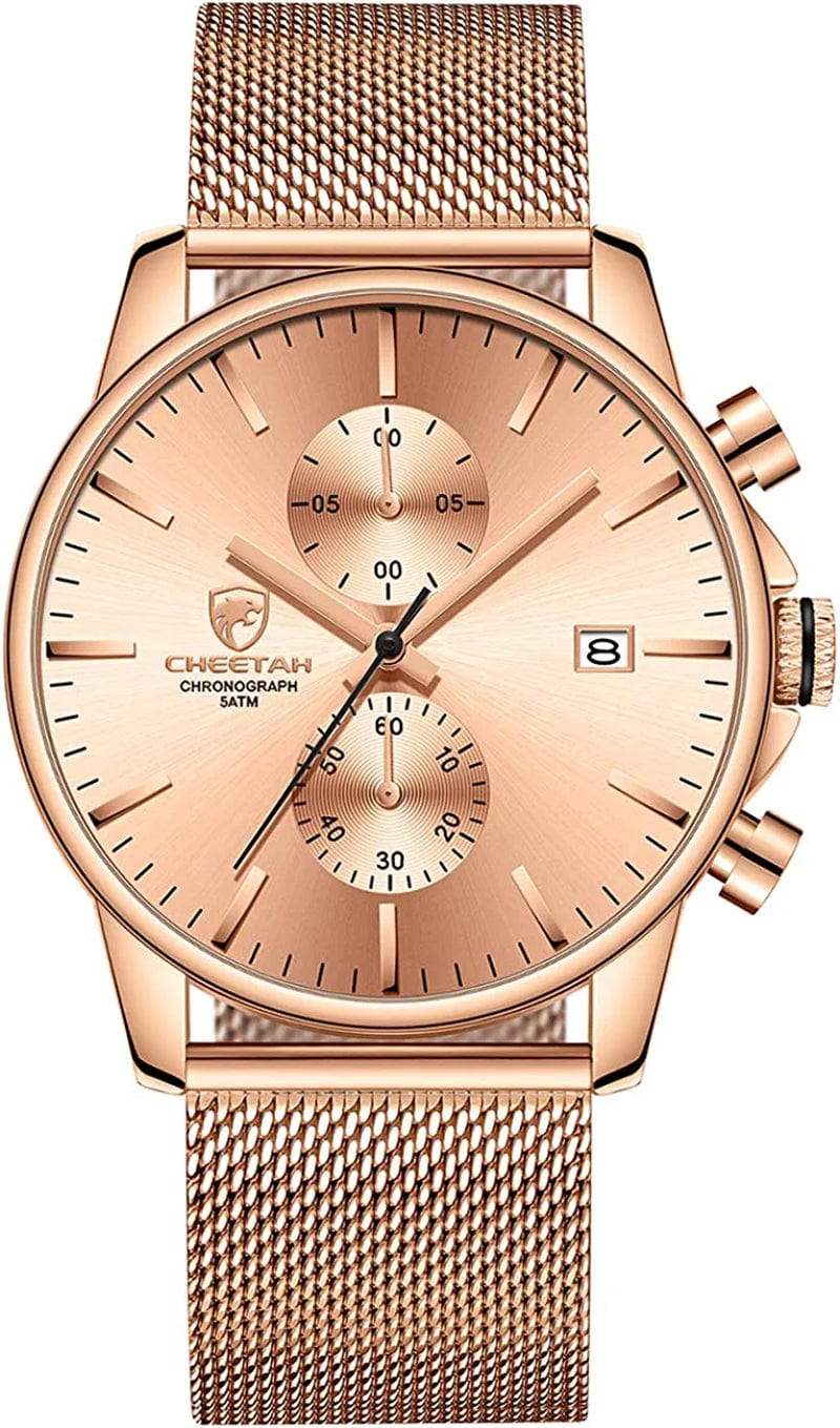 Mens Watch Fashion Sleek Minimalist Quartz Analog Mesh Stainless Steel Waterproof Chronograph Watches for Men with Auto Date Rose Gold/IP