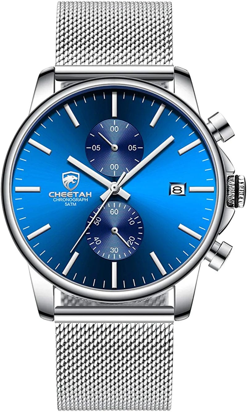 Mens Watch Fashion Sleek Minimalist Quartz Analog Mesh Stainless Steel Waterproof Chronograph Watches for Men with Auto Date silver-blue
